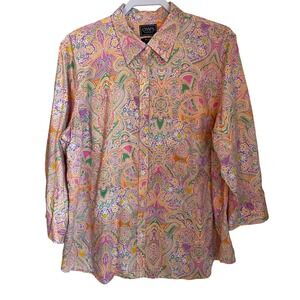Chaps Womens 2X Multicolor Paisley No Iron Cotton Button Up Shirt 3/4 Sleeve